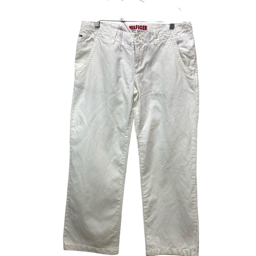 Tommy Hilfiger Denim Jeans White Fit Mens 32x32 Logo Cotton Linen‎ Bootcut